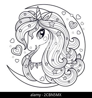 La testa di un unicorno con una lunga mane sullo sfondo della luna. Disegno lineare bianco-nero. Per stampe, poster, libri da colorare, cartoline, Illustrazione Vettoriale