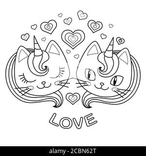 Immagine in bianco e nero. Teste di due gatti unicorno innamorati. Per la progettazione di libri da colorare, stampe, poster, tatuaggi, adesivi, ecc. Vector Illustrazione Vettoriale