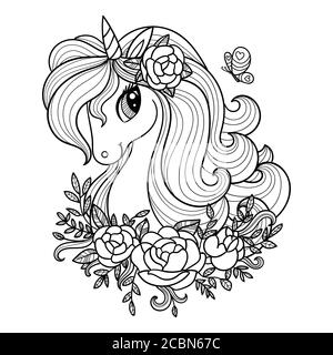 Testa unicorno con manie lunghe e fiori. Disegno lineare bianco-nero. Per la progettazione di libri da colorare, stampe, poster, tatuaggi, cartoline, adesivi, Illustrazione Vettoriale