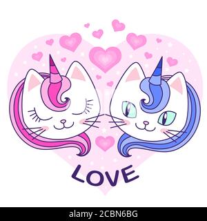 Amore. Due gatti unicorno innamorati. Animali fantastici. Per la progettazione di stampe, poster, cartoline, adesivi, striscioni, ecc. illustrazione vettoriale Illustrazione Vettoriale
