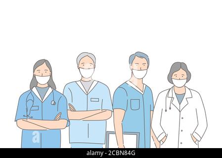 Gruppo di operatori medici in maschere facciali protettive insieme cartoni animati contorno illustrazione isolato su sfondo bianco. Medici e infermieri in concetto vettoriale uniforme. Illustrazione Vettoriale