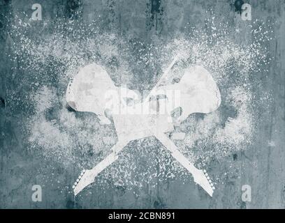 Due chitarra rotta contro muro di cemento, rocknrolla e graffiti di concetto musicale Foto Stock