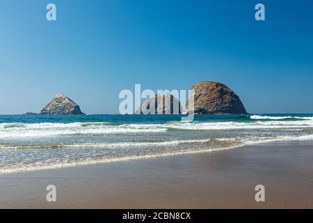 Le pile di mare si siedono nell'acqua vicino alla spiaggia Oceanside Oregon Foto Stock