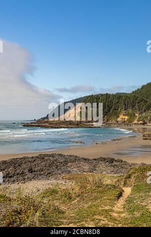 Vertical Image: Spiaggia sabbiosa e colline aspre lungo la costa dell'Oregon e un muro di nebbia appena fuori dalla costa. Foto Stock