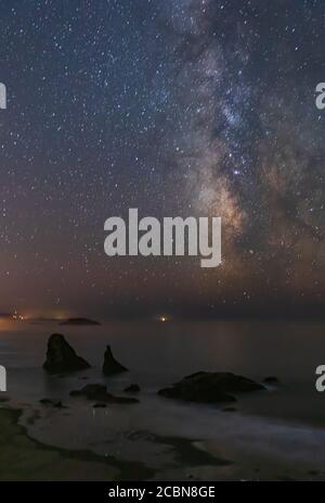 Immagine verticale: La Via Lattea brilla sopra Bandon Beach in Oregon Foto Stock