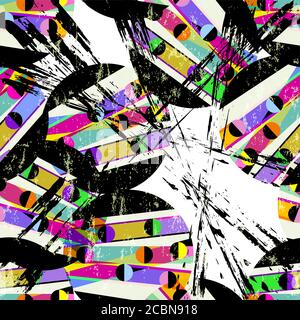motivo di sfondo geometrico astratto, con cerchi, tratti di vernice e schizzi, senza giunture Illustrazione Vettoriale