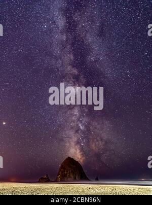 Immagine verticale-Via Lattea splende nel cielo sopra Haystack Rock Su Cannon Beach in Oregon Foto Stock