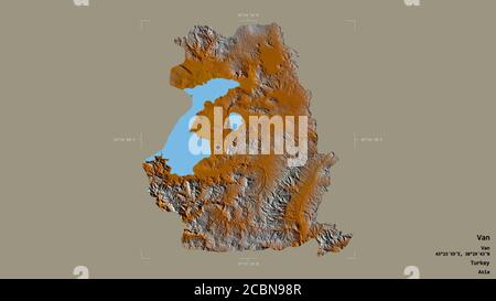 Area di Van, provincia della Turchia, isolata su uno sfondo solido in una scatola di delimitazione georeferenziata. Etichette. Mappa di rilievo topografico. Rendering 3D Foto Stock