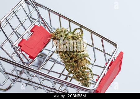 Germoglio di cannabis nel carrello su sfondo bianco Foto Stock