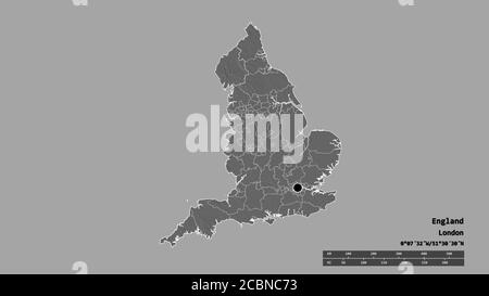 Forma desaturata dell'Inghilterra con la sua capitale, la principale divisione regionale e l'area separata di Cumbria. Etichette. Mappa elevazione bilivello. Rendering 3D Foto Stock