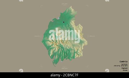 Area di Cumbria, contea amministrativa dell'Inghilterra, isolata su uno sfondo solido in una scatola di delimitazione georeferenziata. Etichette. Mappa di rilievo topografico. 3D Foto Stock