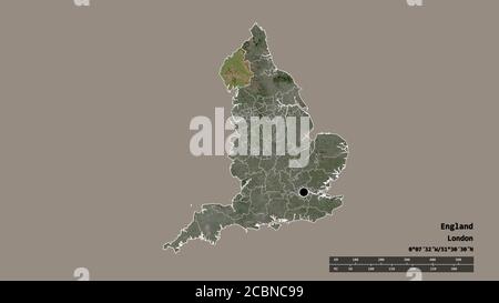 Forma desaturata dell'Inghilterra con la sua capitale, la principale divisione regionale e l'area separata di Cumbria. Etichette. Immagini satellitari. Rendering 3D Foto Stock