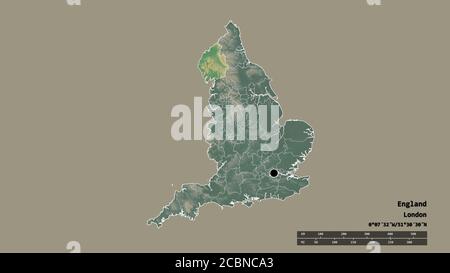 Forma desaturata dell'Inghilterra con la sua capitale, la principale divisione regionale e l'area separata di Cumbria. Etichette. Mappa di rilievo topografico. Rendering 3D Foto Stock