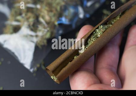 L'uomo tiene carta smussata con cannabis, marijuana sullo sfondo nella confezione, spazio di copia Foto Stock