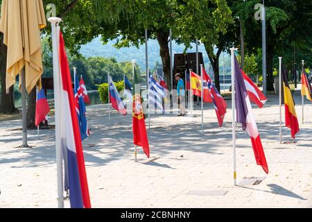 La città di Schengen, sulla Mosella, nel Granducato del Lussemburgo, dove è stato firmato l'accordo di Schengen del 1985, Monumento europeo alla Muse Foto Stock