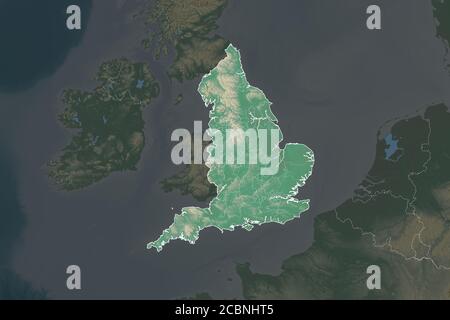 Forma dell'Inghilterra separata dalla desaturazione delle aree limitrofe. Bordi. Mappa di rilievo topografico. Rendering 3D Foto Stock