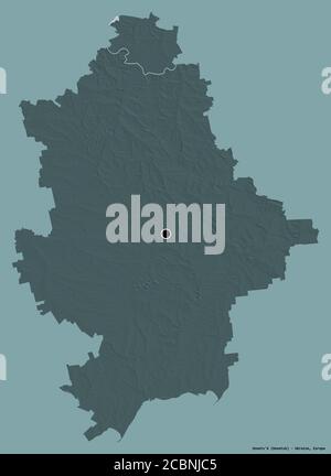Forma di Donets'k, regione dell'Ucraina, con la sua capitale isolata su uno sfondo di colore pieno. Mappa di elevazione colorata. Rendering 3D Foto Stock