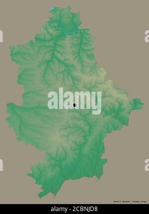 Forma di Donets'k, regione dell'Ucraina, con la sua capitale isolata su uno sfondo di colore pieno. Mappa di rilievo topografico. Rendering 3D Foto Stock