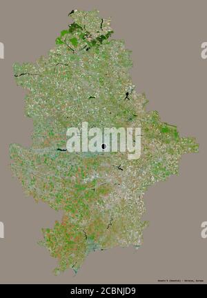 Forma di Donets'k, regione dell'Ucraina, con la sua capitale isolata su uno sfondo di colore pieno. Immagini satellitari. Rendering 3D Foto Stock