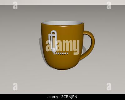 Immagine 3D dell'icona della penna stampata su una tazza da caffè su uno sfondo bianco con ombre per il business e il concept Foto Stock
