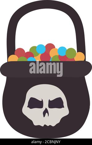 halloween felice, calderone riempito di caramelle con trucco cranio o trattare festa celebrazione piatto icona illustrazione vettore Illustrazione Vettoriale