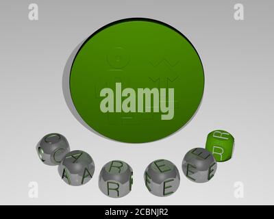 TESTO rotondo DELLA CARRIERA delle lettere cubiche intorno all'icona 3D, illustrazione 3D per il commercio e l'uomo d'affari Foto Stock