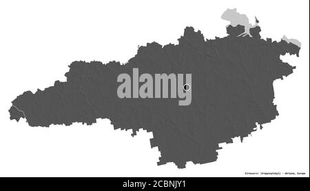 Forma di Kirovohrad, regione dell'Ucraina, con la sua capitale isolata su sfondo bianco. Mappa elevazione bilivello. Rendering 3D Foto Stock