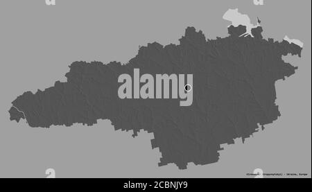 Forma di Kirovohrad, regione dell'Ucraina, con la sua capitale isolata su uno sfondo di colore pieno. Mappa elevazione bilivello. Rendering 3D Foto Stock