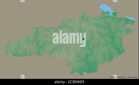 Forma di Kirovohrad, regione dell'Ucraina, con la sua capitale isolata su uno sfondo di colore pieno. Mappa di rilievo topografico. Rendering 3D Foto Stock