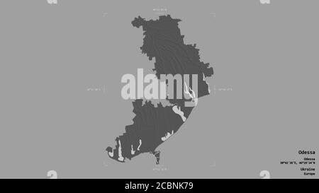 Area di Odessa, regione dell'Ucraina, isolata su uno sfondo solido in una scatola di delimitazione georeferenziata. Etichette. Mappa elevazione bilivello. Rendering 3D Foto Stock