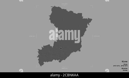 Area di Rivne, regione dell'Ucraina, isolata su uno sfondo solido in una scatola di delimitazione georeferenziata. Etichette. Mappa elevazione bilivello. Rendering 3D Foto Stock