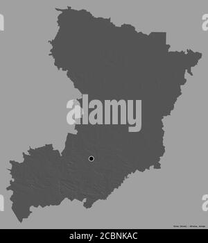 Forma di Rivne, regione dell'Ucraina, con la sua capitale isolata su uno sfondo di colore pieno. Mappa elevazione bilivello. Rendering 3D Foto Stock