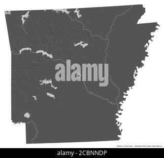 Forma dell'Arkansas, stato della terraferma degli Stati Uniti, con la sua capitale isolata su sfondo bianco. Mappa elevazione bilivello. Rendering 3D Foto Stock