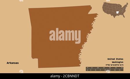 Forma dell'Arkansas, stato della terraferma degli Stati Uniti, con la sua capitale isolata su solido sfondo. Scala della distanza, anteprima della regione ed etichette. Composiz Foto Stock