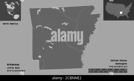 Forma dell'Arkansas, stato degli Stati Uniti della terraferma, e la sua capitale. Scala della distanza, anteprime ed etichette. Mappa elevazione bilivello. Rendering 3D Foto Stock