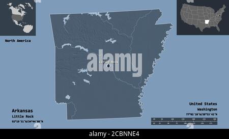 Forma dell'Arkansas, stato degli Stati Uniti della terraferma, e la sua capitale. Scala della distanza, anteprime ed etichette. Mappa di elevazione colorata. Rendering 3D Foto Stock