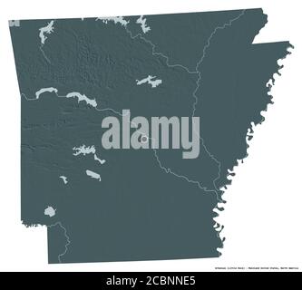 Forma dell'Arkansas, stato della terraferma degli Stati Uniti, con la sua capitale isolata su sfondo bianco. Mappa di elevazione colorata. Rendering 3D Foto Stock