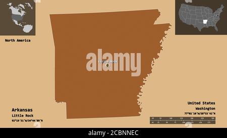 Forma dell'Arkansas, stato degli Stati Uniti della terraferma, e la sua capitale. Scala della distanza, anteprime ed etichette. Composizione di texture con motivi. Rendering 3D Foto Stock