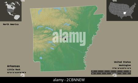 Forma dell'Arkansas, stato degli Stati Uniti della terraferma, e la sua capitale. Scala della distanza, anteprime ed etichette. Mappa di rilievo topografico. Rendering 3D Foto Stock