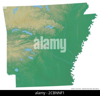 Forma dell'Arkansas, stato della terraferma degli Stati Uniti, con la sua capitale isolata su sfondo bianco. Mappa di rilievo topografico. Rendering 3D Foto Stock