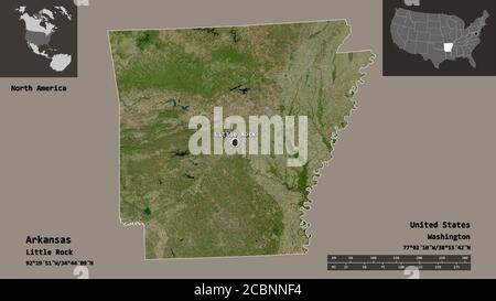 Forma dell'Arkansas, stato degli Stati Uniti della terraferma, e la sua capitale. Scala della distanza, anteprime ed etichette. Immagini satellitari. Rendering 3D Foto Stock