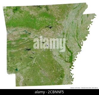 Forma dell'Arkansas, stato della terraferma degli Stati Uniti, con la sua capitale isolata su sfondo bianco. Immagini satellitari. Rendering 3D Foto Stock