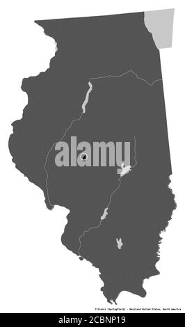 Forma dell'Illinois, stato della terraferma degli Stati Uniti, con la sua capitale isolata su sfondo bianco. Mappa elevazione bilivello. Rendering 3D Foto Stock