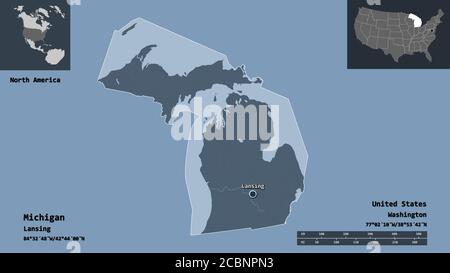 Forma del Michigan, stato degli Stati Uniti della terraferma, e la sua capitale. Scala della distanza, anteprime ed etichette. Mappa di elevazione colorata. Rendering 3D Foto Stock