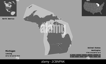 Forma del Michigan, stato degli Stati Uniti della terraferma, e la sua capitale. Scala della distanza, anteprime ed etichette. Mappa elevazione bilivello. Rendering 3D Foto Stock