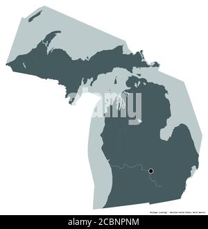 Forma del Michigan, stato della terraferma degli Stati Uniti, con la sua capitale isolata su sfondo bianco. Mappa di elevazione colorata. Rendering 3D Foto Stock