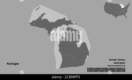 Forma del Michigan, stato della terraferma degli Stati Uniti, con la sua capitale isolata su solido sfondo. Scala della distanza, anteprima della regione ed etichette. Bilivello Foto Stock