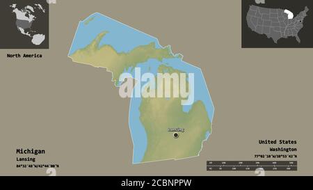 Forma del Michigan, stato degli Stati Uniti della terraferma, e la sua capitale. Scala della distanza, anteprime ed etichette. Mappa di rilievo topografico. Rendering 3D Foto Stock