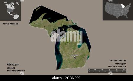 Forma del Michigan, stato degli Stati Uniti della terraferma, e la sua capitale. Scala della distanza, anteprime ed etichette. Immagini satellitari. Rendering 3D Foto Stock