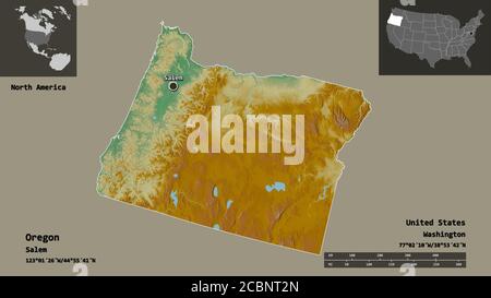 Forma dell'Oregon, stato degli Stati Uniti della terraferma, e la sua capitale. Scala della distanza, anteprime ed etichette. Mappa di rilievo topografico. Rendering 3D Foto Stock